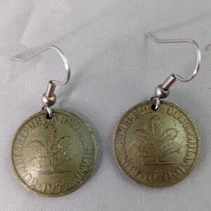 Germany Federal Republic Coin Earrings 1970  Pfennig 5 Dangle Souvenir Brass